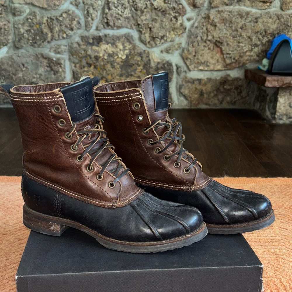 Frye Two-Tone Brown and Black Leather Boots